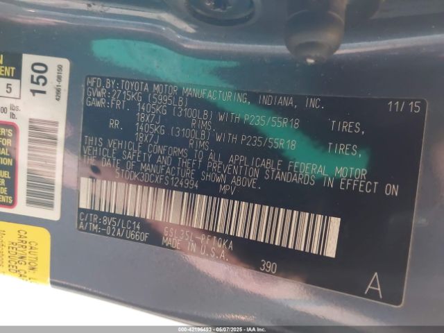 5TDDK3DCXFS124994 Toyota Sienna Xle 7 Passenger