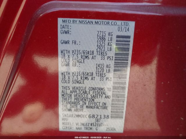 5N1AR2MM0EC682138 Nissan Pathfinder Sv