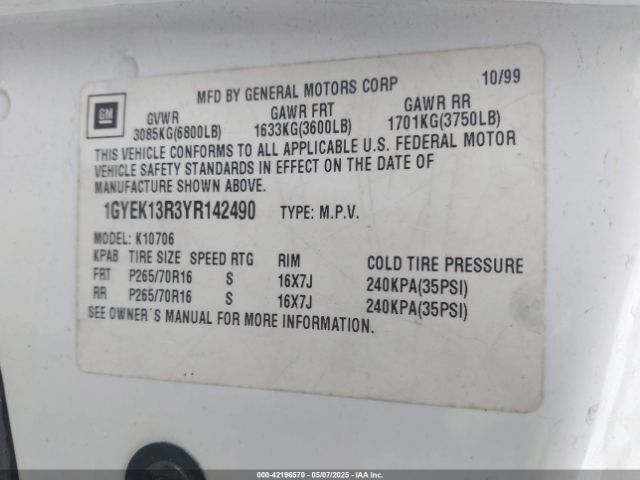 2000 CADILLAC ESCALADE 1GYEK13R3YR142490 Photo 8