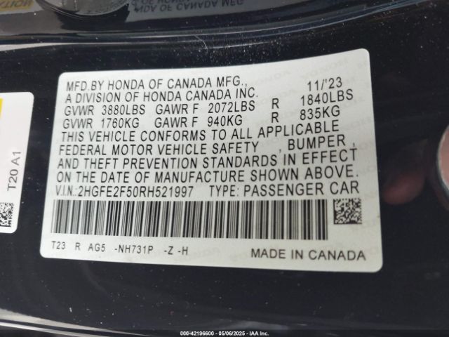 2HGFE2F50RH521997 Honda Civic Sport