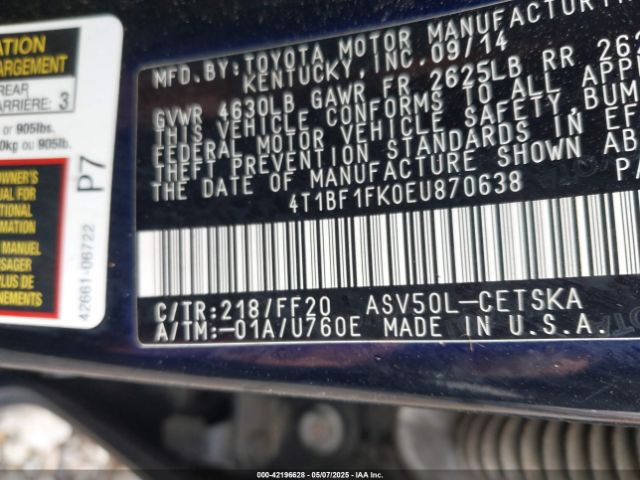 4T1BF1FK0EU870638 Toyota CAMRY SE