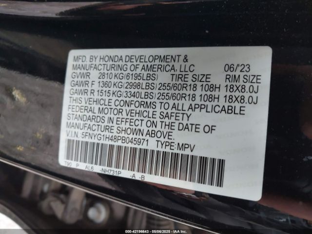 5FNYG1H48PB045971 Honda Pilot Awd Ex-l 8 Passenger