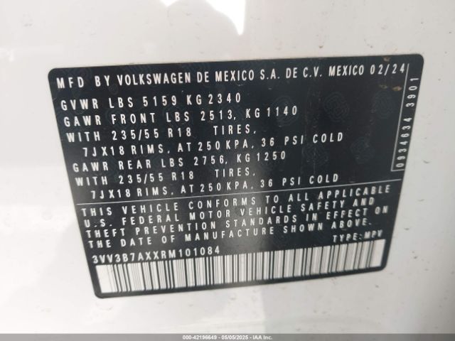 3VV3B7AXXRM101084 Volkswagen Tiguan 2.0t Se/2.0t Wolfsburg Edition