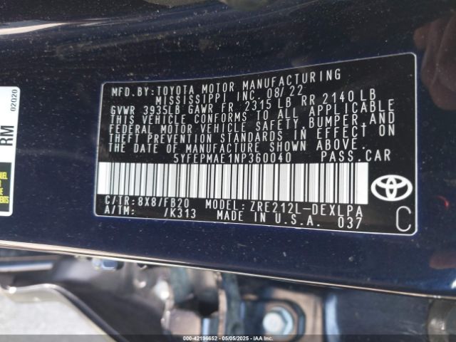 5YFEPMAE1NP360040 Toyota COROLLA LE