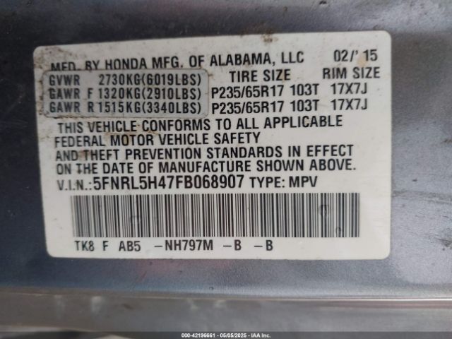 5FNRL5H47FB068907 Honda ODYSSEY EX