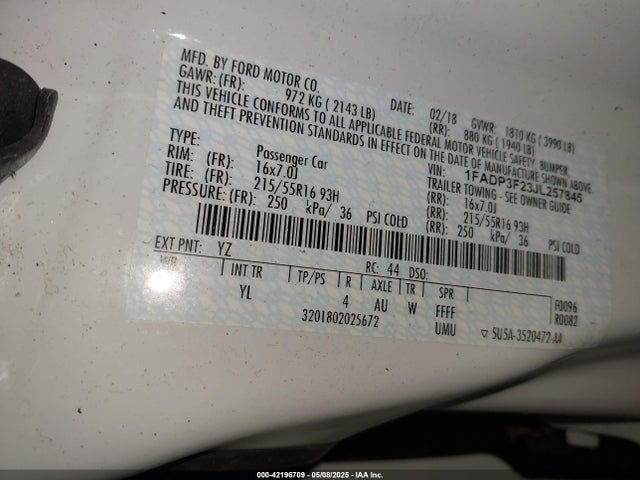 1FADP3F23JL257845 Ford FOCUS SE