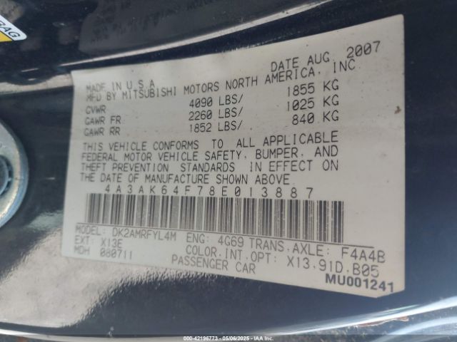 2008 MITSUBISHI ECLIPSE 4A3AK64F78S013887 Photo 8