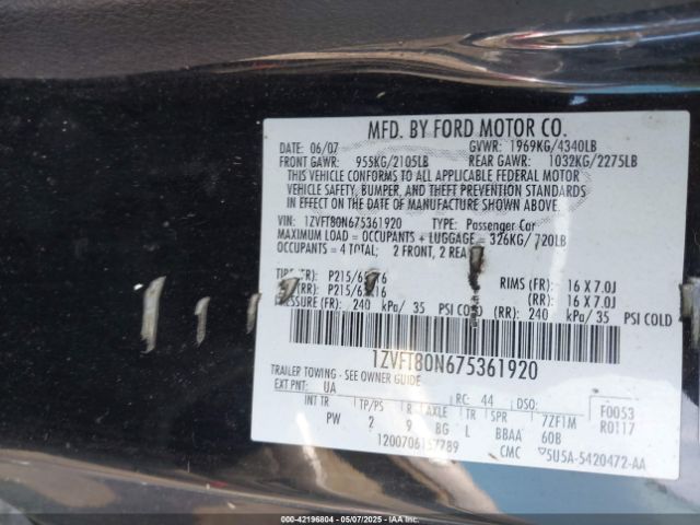 2007 FORD MUSTANG 1ZVFT80N675361920 Photo 8