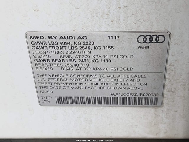 WA1JCCFS0JR020083 Audi Q3 2.0t Premium/2.0t Sport Premium
