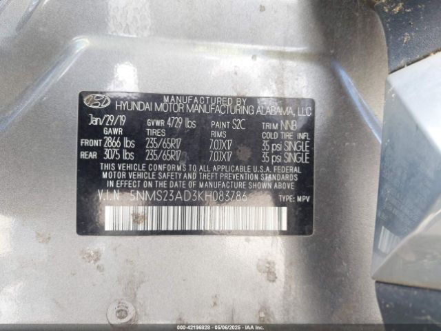 5NMS23AD3KH083786 Hyundai Santa Fe Se