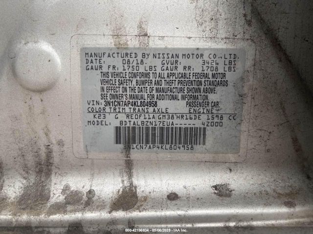 3N1CN7AP4KL804958 Nissan Versa 1.6 Sv