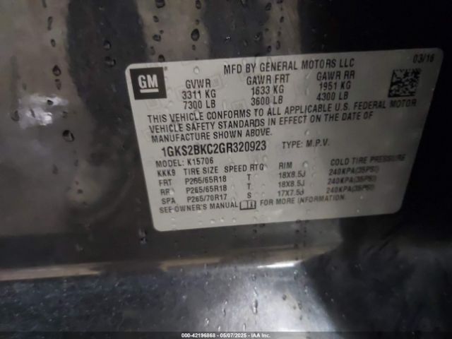 1GKS2BKC2GR320923 GMC YUKON SLT