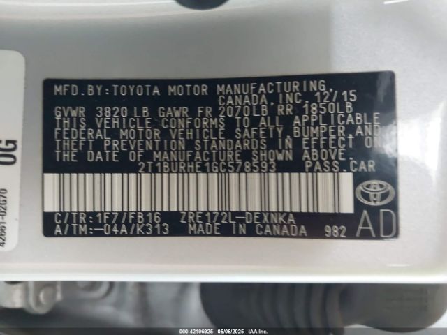 2T1BURHE1GC578593 Toyota COROLLA LE