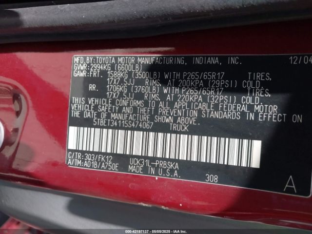 2005 TOYOTA TUNDRA 5TBET34115S474067 Photo 8