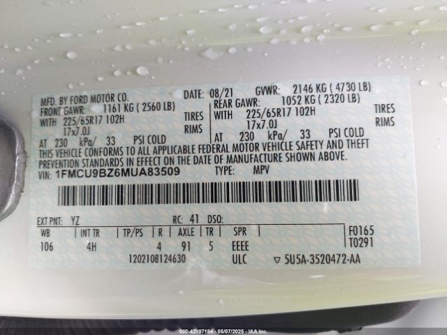 1FMCU9BZ6MUA83509 Ford Escape Se Hybrid