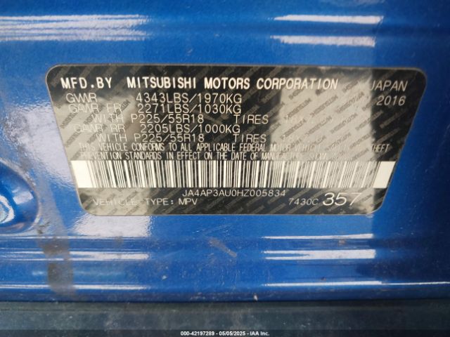 JA4AP3AU0HZ005834 Mitsubishi Outlander Sport 2.0 Es/2.0 Le