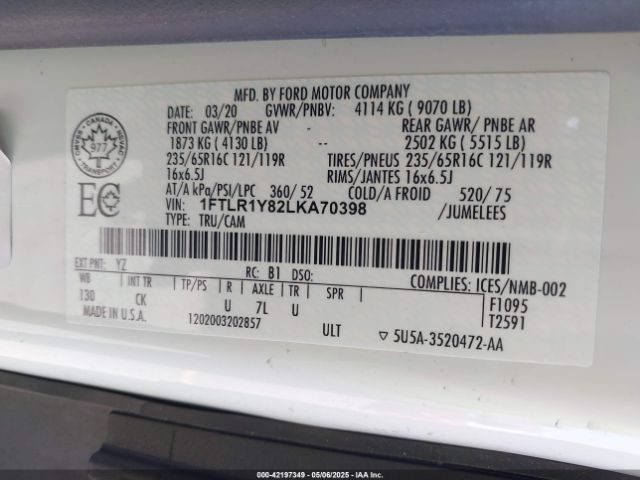 1FTLR1Y82LKA70398 Ford Transit-250 Cargo