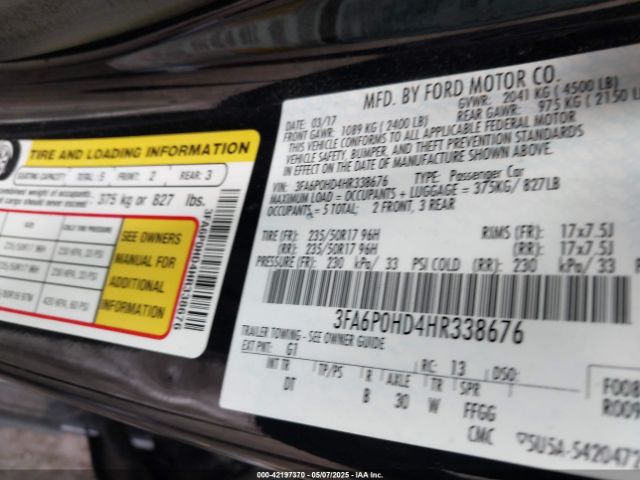 3FA6P0HD4HR338676 Ford FUSION SE