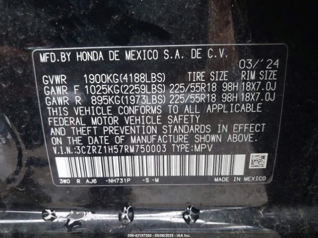 3CZRZ1H57RM750003 Honda Hr-v 2wd Sport/2wd Sport W/o Bsi