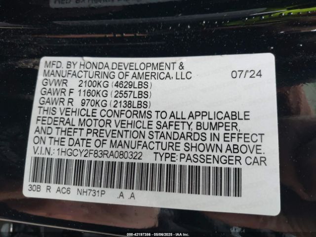1HGCY2F83RA080322 Honda Accord Hybrid Touring