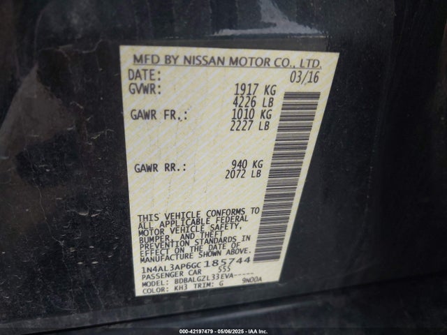 1N4AL3AP6GC185744 Nissan Altima 2.5/2.5 S/2.5 Sl/2.5 Sr/2.5 Sv