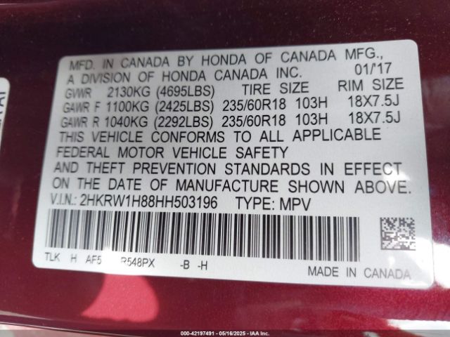 2HKRW1H88HH503196 Honda Cr-v Ex-l/ex-l Navi