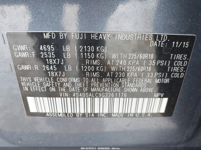 4S4BSALC9G3261176 Subaru Outback 2.5i Limited