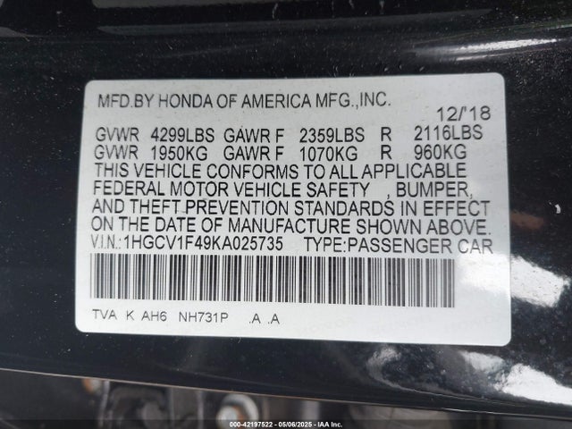 1HGCV1F49KA025735 Honda ACCORD EX