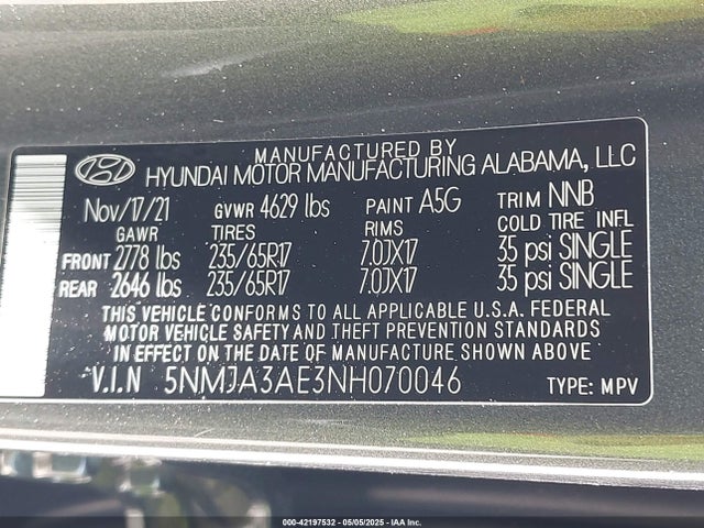 5NMJA3AE3NH070046 Hyundai TUCSON SE