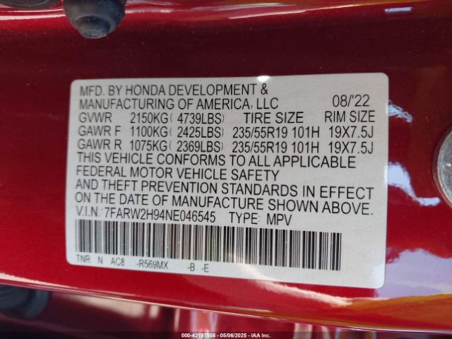 7FARW2H94NE046545 Honda Cr-v Awd Touring