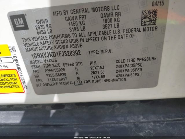 1GNKVJKD1FJ328392 Chevrolet Traverse Ltz