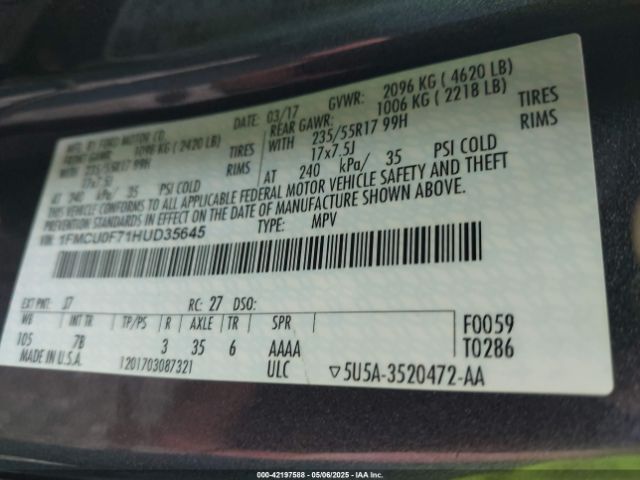 1FMCU0F71HUD35645 Ford ESCAPE S