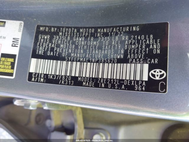 5YFEPMAE1NP385620 Toyota COROLLA LE