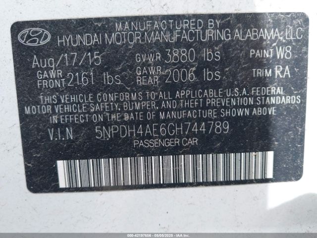 5NPDH4AE6GH744789 Hyundai dohc mpi nu