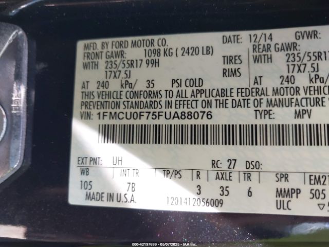 1FMCU0F75FUA88076 Ford ESCAPE S