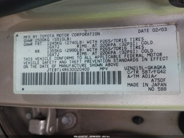 2003 TOYOTA 4RUNNER JTEBT14R630020400 Photo 8