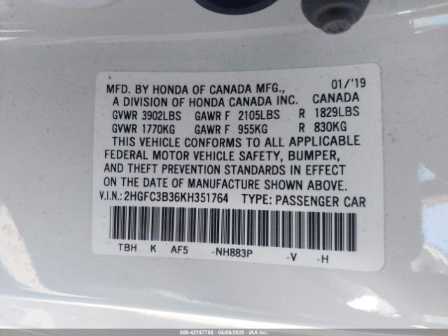 2019 HONDA CIVIC 2HGFC3B36KH351764 Photo 8