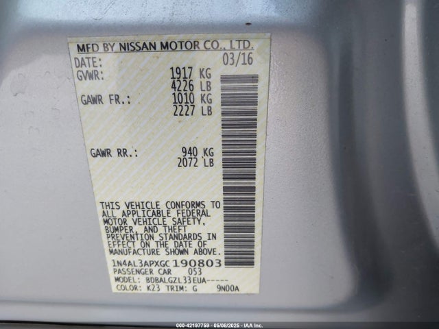 1N4AL3APXGC190803 Nissan Altima 2.5/2.5 S/2.5 Sl/2.5 Sr/2.5 Sv