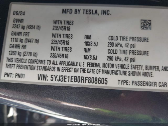 2024 TESLA MODEL 3 5YJ3E1EB0RF808605 Photo 8
