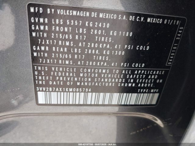 3VV2B7AX1KM085794 Volkswagen Tiguan 2.0t Se/2.0t Sel/2.0t Sel R-line/2.0t Sel R-line Black