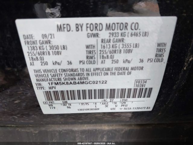 1FM5K8AB4MGC02122 Ford Police Interceptor