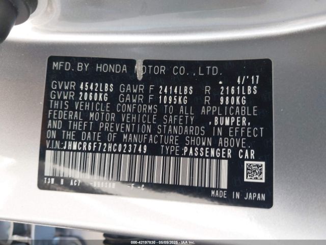 JHMCR6F72HC023749 Honda Accord Hybrid Touring