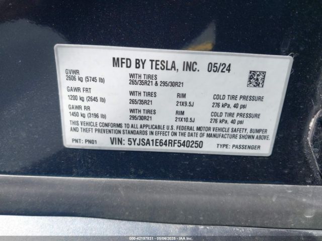5YJSA1E64RF540250 Tesla Model S Plaid Tri Motor All-wheel Drive