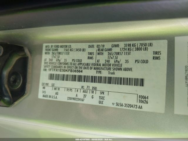 1FTFX1E50KFB36564 Ford F-150 Xl