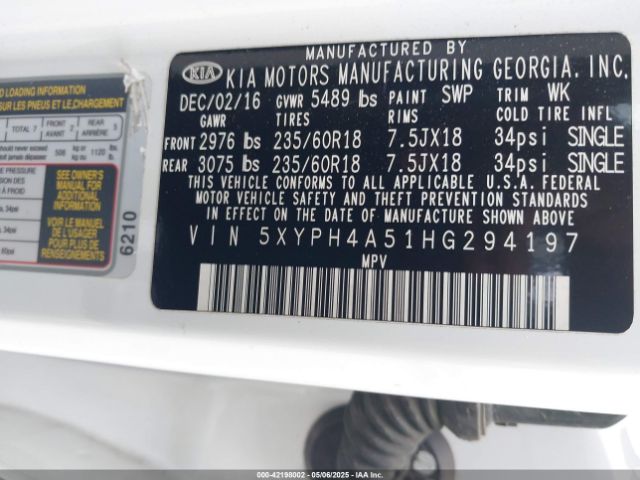 5XYPH4A51HG294197 KIA Sorento 3.3l Ex
