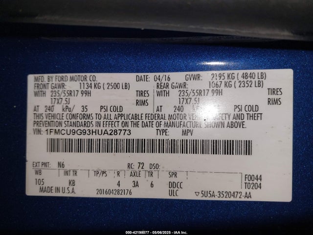 1FMCU9G93HUA28773 Ford ESCAPE SE