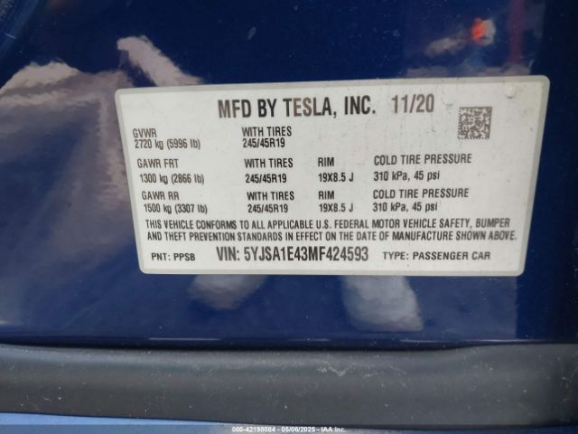 5YJSA1E43MF424593 Tesla Model S Performance Dual Motor All-wheel Drive