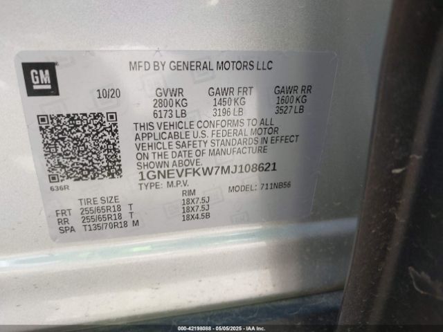 1GNEVFKW7MJ108621 Chevrolet Traverse Awd Ls