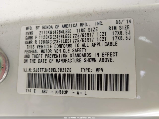 5J6TF3H50EL002120 Honda k24y2
