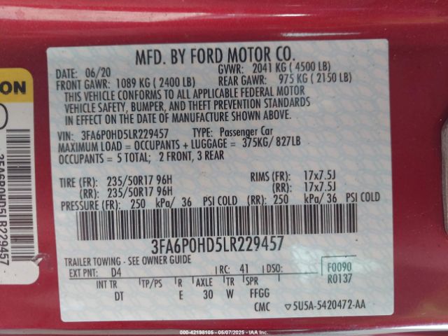 3FA6P0HD5LR229457 Ford FUSION SE